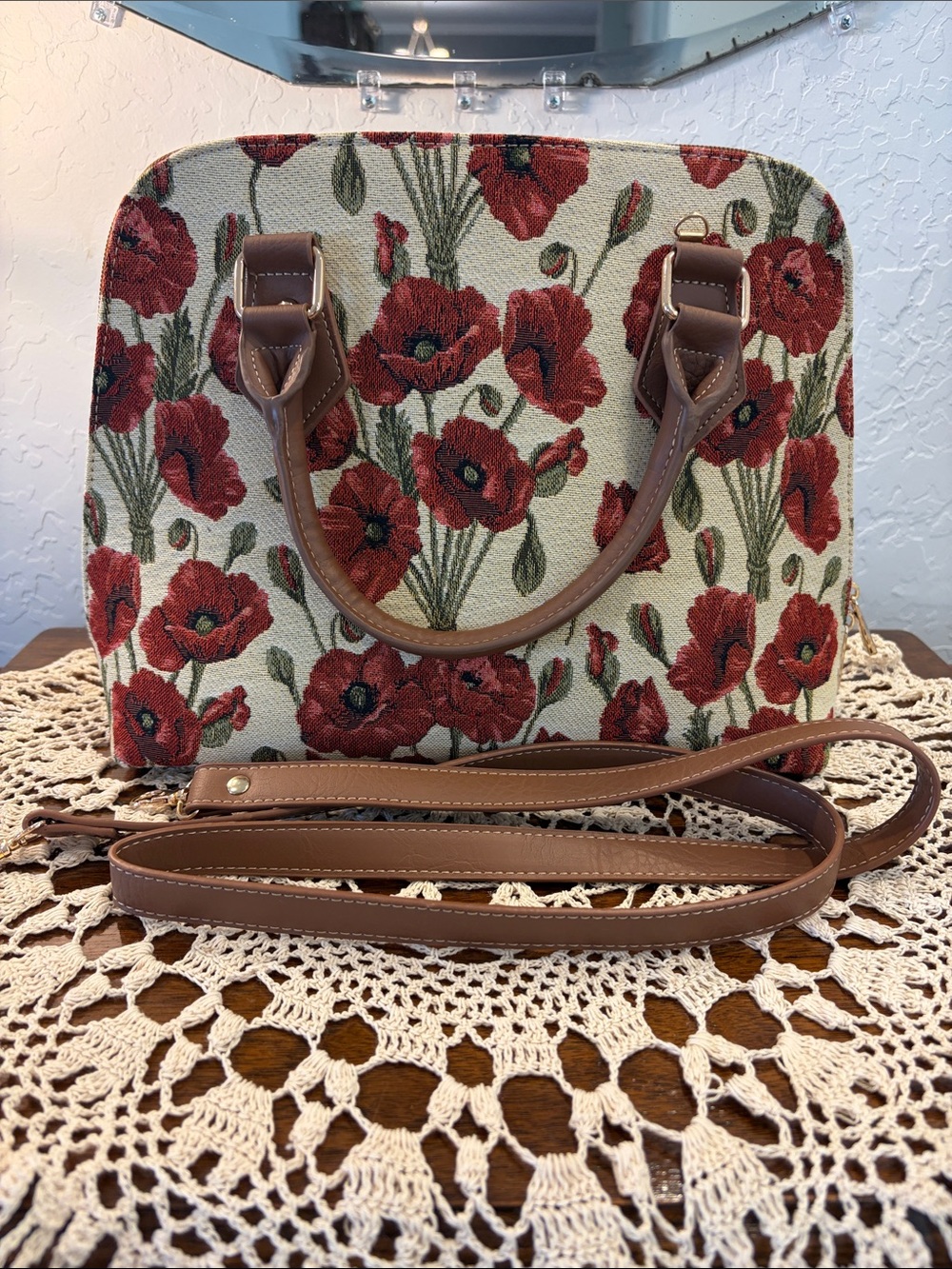 Signare Red Floral Satchel with Brown Handles